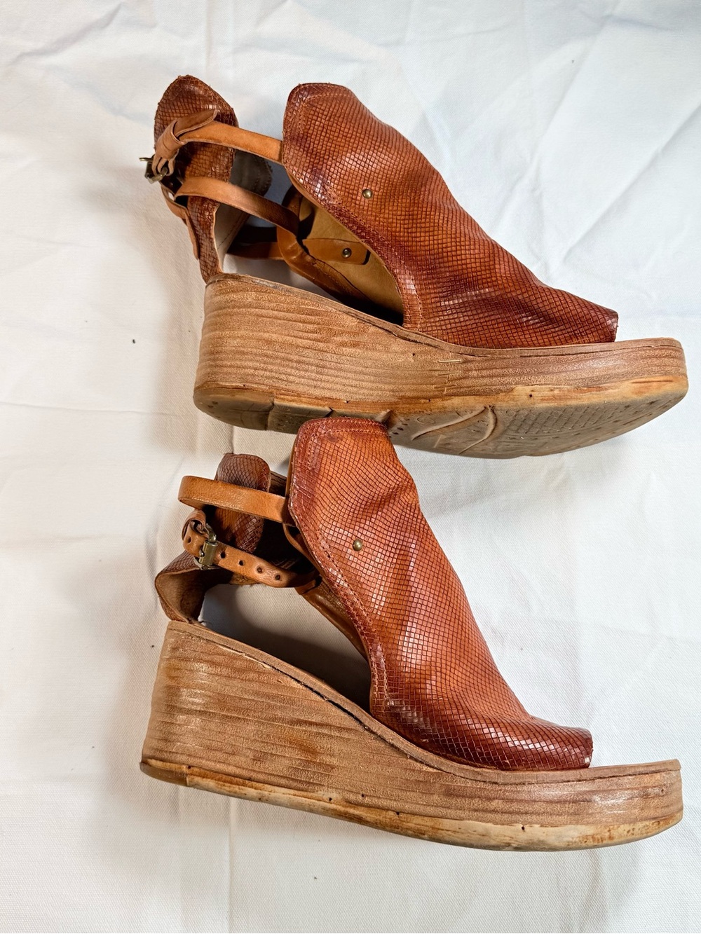 A.S.98 Cognac Snake-Embossed Leather Platform Wedge Sandal Booties